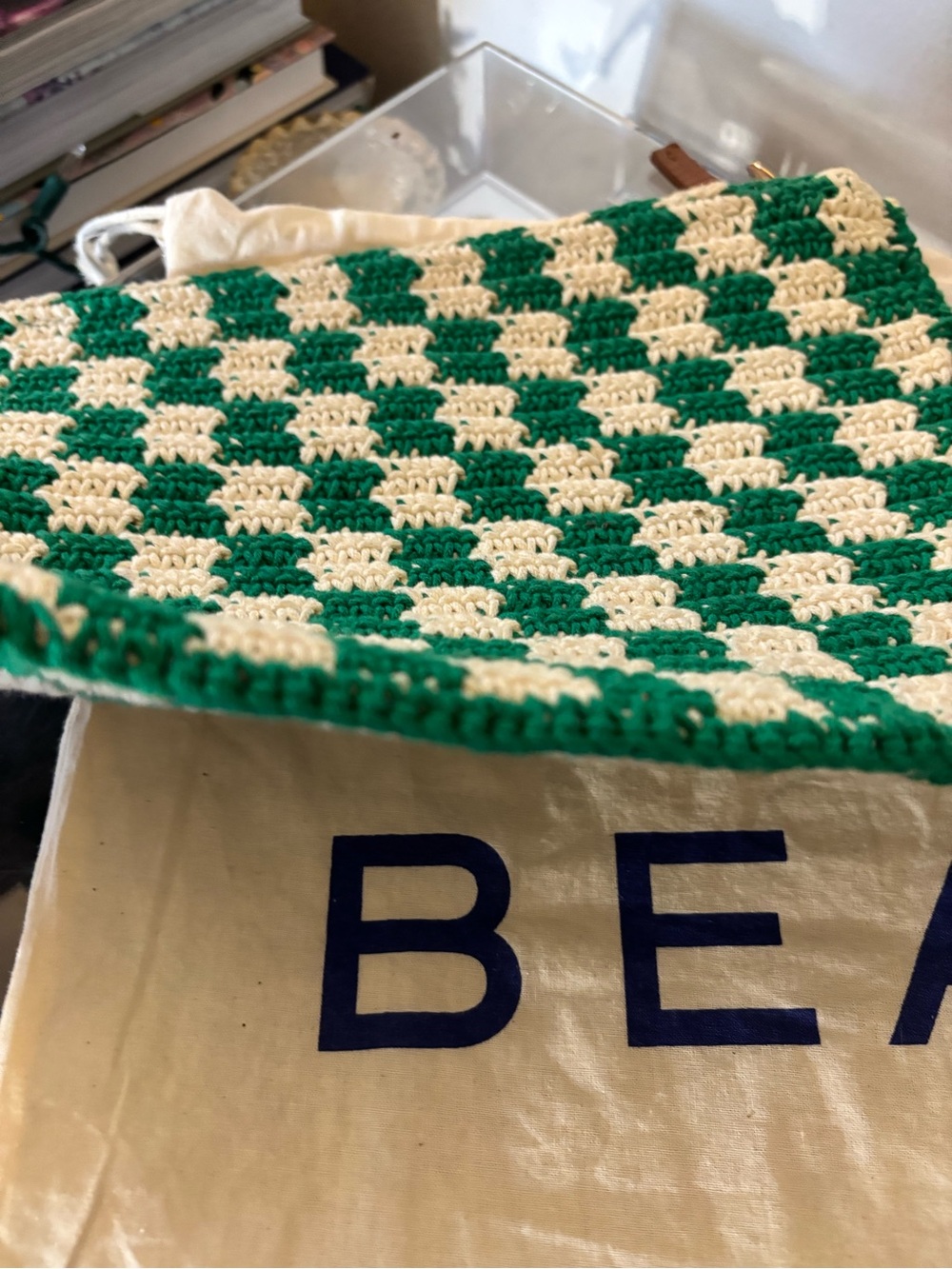 Clare V. Flat Clutch with Tabs in Sea Green & Cream Mini Crochet Checker - EUC - Picture 12 of 13